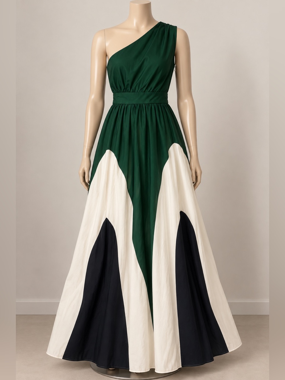 One-Shoulder Emerald and Ivory Colorblock Maxi Dress